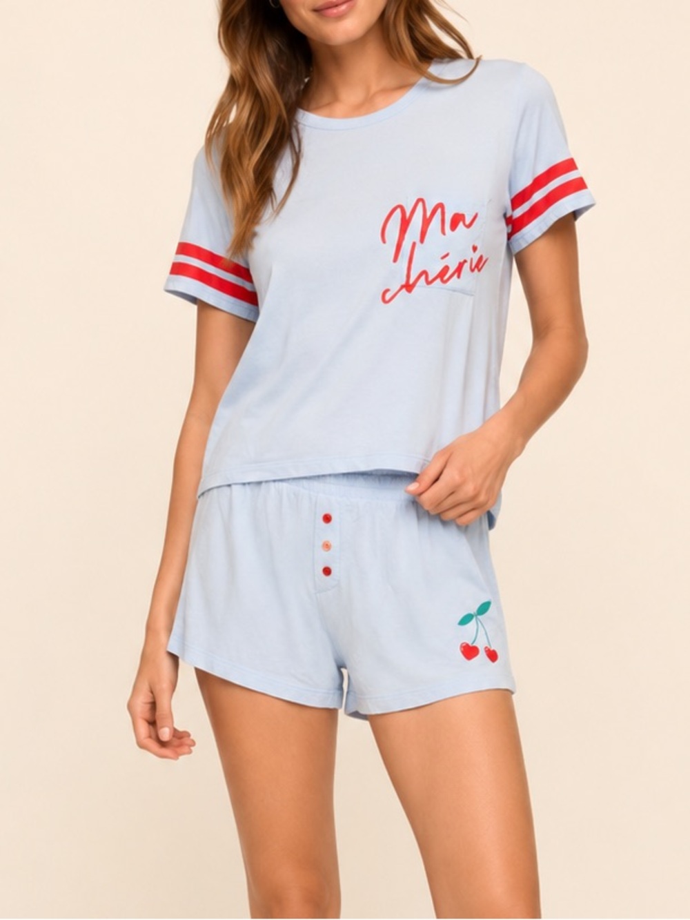 PJ Salvage Ma Cherie Cherry Pajama Lounge Set Blue Red XS